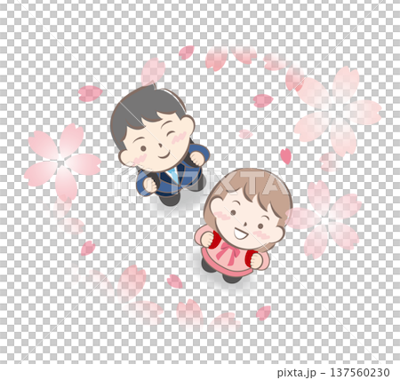 入学式で桜を見上げるランドセル姿の子供たち 137560230