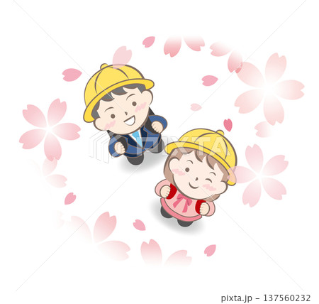 入学式で桜を見上げるランドセル姿の子供たち 137560232