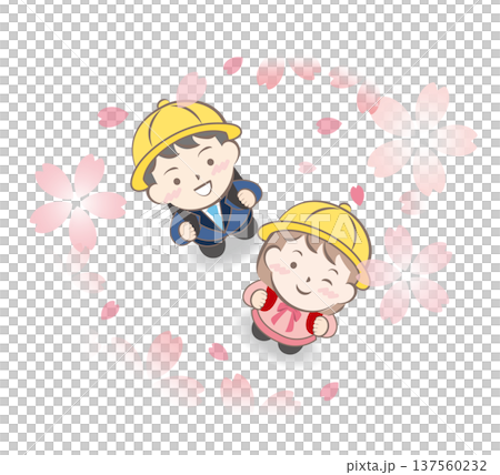 入学式で桜を見上げるランドセル姿の子供たち 137560232