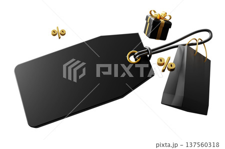 Minimal black and gold sale price tag mockup with shopping bag and gift box for premium discount offer 3D render 137560318