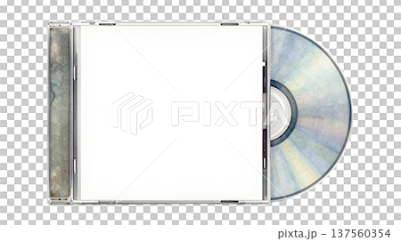Watercolor illustration of a cd sticking out of a white blank cd case 137560354