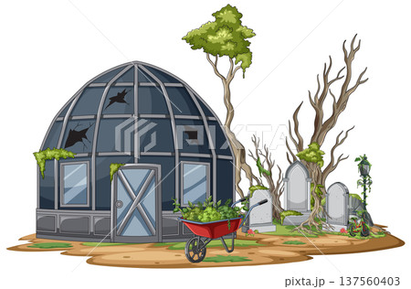 Abandoned Greenhouse Beside Old Cemetery and Dead Trees 137560403