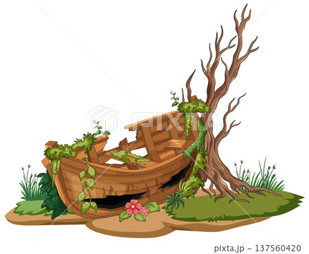 Abandoned Wooden Boat Beside Dead Tree with Overgrown Plants Abandoned Wooden Boat Beside Dead Tree with Overgrown Plants 137560420