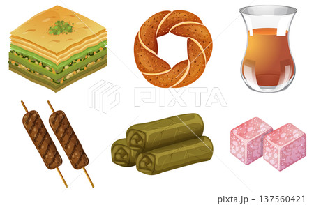 Traditional Turkish Foods and Drinks Vector Illustration Set 137560421
