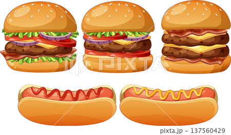 Vector Illustration of Classic Burgers and Hot Dogs 137560429