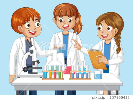Three Young Students Conducting Science Experiments in a Laboratory Setting 137560435