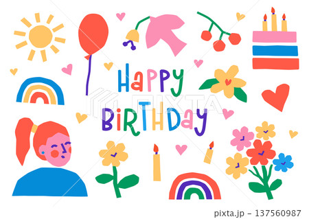 Happy birthday doodle set, naive style lettering, bright colors and rough lines. Cute girl, cake with candles, balloon, rainbow, flower bouquet, dove, heart and berries, festive vector illustration Happy birthday doodle set, naive style lettering, bright colors and rough lines. Cute girl, cake with candles, balloon, rainbow, flower bouquet, dove, heart and berries, festive vector illustration 137560987