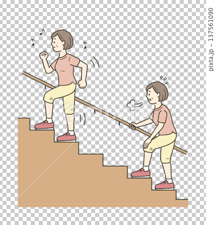 元気に階段を上るミドル世代の女性と辛そうな女性のイラスト 137561090