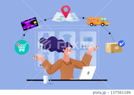 Female character with web store interface showing credit card payment map location and delivery truck symbols. Flat vector for e-commerce business workflow and digital retail supply chain concepts 137561199