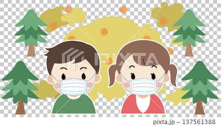 Illustration of a child wearing a mask to prevent hay fever during the hay fever season 137561388