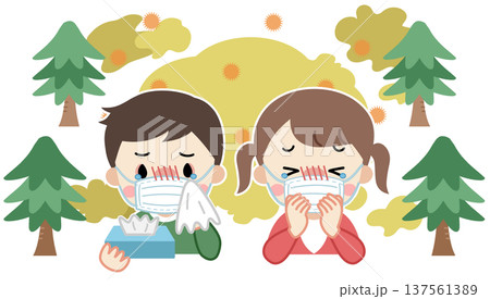花粉症でくしゃみや咳をするマスク姿の子供たちのイラスト 花粉症でくしゃみや咳をするマスク姿の子供たちのイラスト 137561389