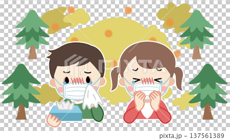 花粉症でくしゃみや咳をするマスク姿の子供たちのイラスト 花粉症でくしゃみや咳をするマスク姿の子供たちのイラスト 137561389
