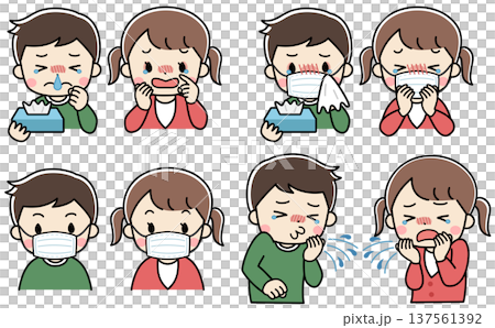 Illustrated icon set of children suffering from runny nose and sneezing Illustrated icon set of children suffering from runny nose and sneezing 137561392