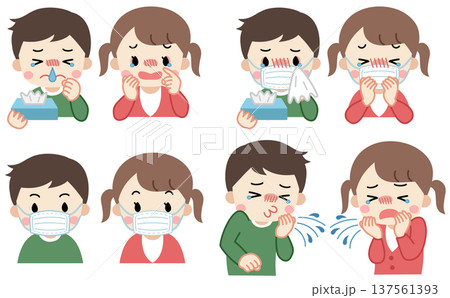 鼻水やくしゃみ出て辛そうな子供のイラストアイコンセット 137561393