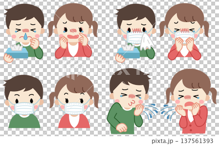 鼻水やくしゃみ出て辛そうな子供のイラストアイコンセット 137561393