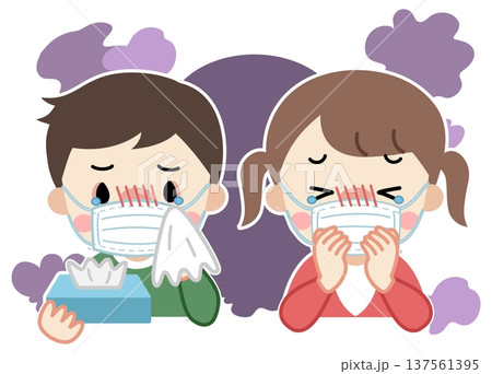 咳や鼻水が止まらない体調が悪いマスクをした子供たちのイラスト 咳や鼻水が止まらない体調が悪いマスクをした子供たちのイラスト 137561395