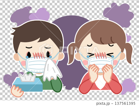 插圖描繪了生病、咳嗽或流鼻涕的兒童戴著口罩的情景。 插圖描繪了生病、咳嗽或流鼻涕的兒童戴著口罩的情景。 137561395