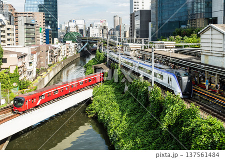 View of the trains from the Tokyo Metro Marunouchi Line, JR East's Chuo Line, and Chuo-Sobu Line passing each other at the Ochanomizu Station in Chiyoda, Tokyo, Japan. View of the trains from the Tokyo Metro Marunouchi Line, JR East's Chuo Line, and Chuo-Sobu Line passing each other at the Ochanomizu Station in Chiyoda, Tokyo, Japan. 137561484