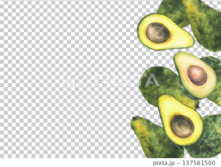 Watercolor avocado rectangular frame. Whole and cut green fruit half with seed. Hand drawn illustration isolated from background for healthy food packaging, vegan menu, vegetables label, card template Watercolor avocado rectangular frame. Whole and cut green fruit half with seed. Hand drawn illustration isolated from background for healthy food packaging, vegan menu, vegetables label, card template 137561500
