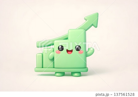 Green cartoon character with upward arrow graph smiling happily 137561528