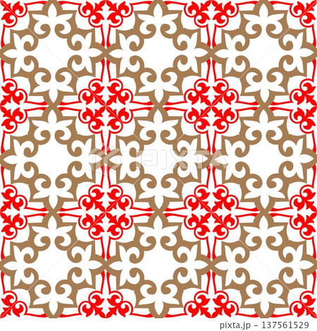 Seamless pattern traditional tile. Abstract elements in gold, red white. Ethnic of Kazakh, Moroccan, Turkish, Mongol, Kyrgyz. For ceramic, tile, border, patchwork, wallpaper, linoleum, textile. Retro  137561529