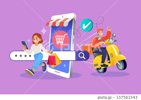 Female character with shopping bags and delivery man on yellow scooter riding from smartphone screen. Flat vector for e-commerce logistics express shipping and mobile retail promotion concepts 137561543