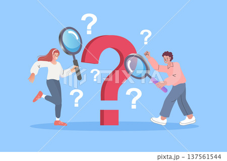 Problem solving concept with characters using magnifying glasses to investigate a large question mark. Flat vector for FAQ, market research, and finding business solutions or customer support. 137561544