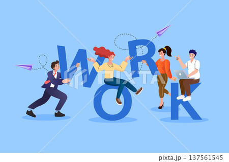 Work concept illustration with characters organizing large blue letters. Modern flat vector for teamwork, workflow management, job satisfaction, and corporate office culture promotion. Work concept illustration with characters organizing large blue letters. Modern flat vector for teamwork, workflow management, job satisfaction, and corporate office culture promotion. 137561545