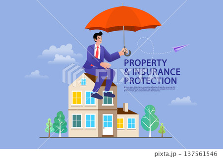 Real estate insurance protection concept illustration with a businessman holding a large umbrella. Professional vector design for vehicle safety, financial security, and insurance marketing services. 137561546