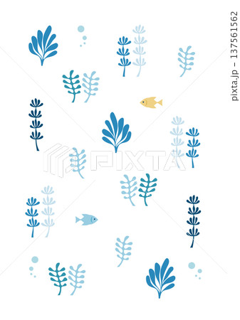 海藻と小さな魚の涼しい海イラスト ミニマルな海の背景素材 137561562