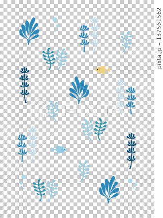 海藻と小さな魚の涼しい海イラスト ミニマルな海の背景素材 137561562