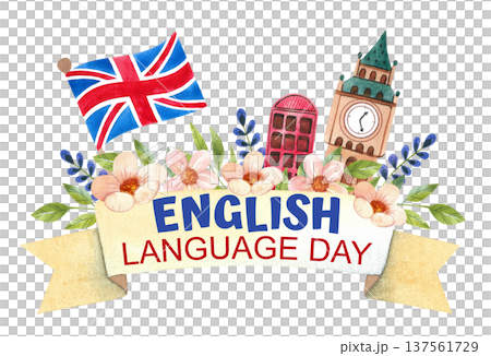 Hand drawn watercolor illustrations featuring British symbols for English Language Day. Posters and banners featuring the British flag and the clock tower. Hand drawn watercolor illustrations featuring British symbols for English Language Day. Posters and banners featuring the British flag and the clock tower. 137561729