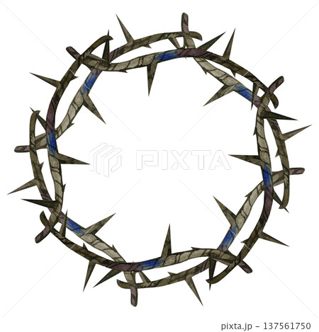 Hand drawn watercolor illustration of a crown of thorns arranged in a circular wreath. This religious symbol of faith and sacrifice features detailed brown branches and sharp thorns with artistic blue 137561750