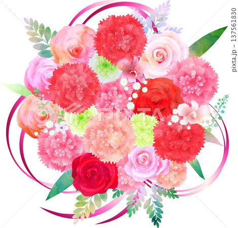 バラとカーネーションの花束・リボンピンク 137561830