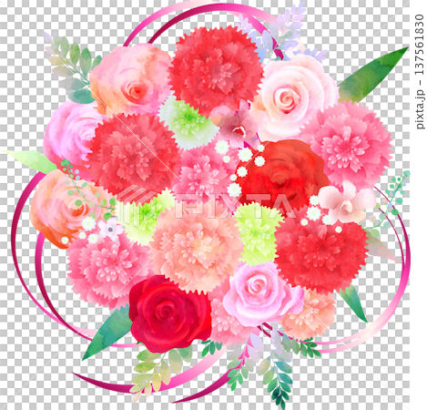 バラとカーネーションの花束・リボンピンク 137561830