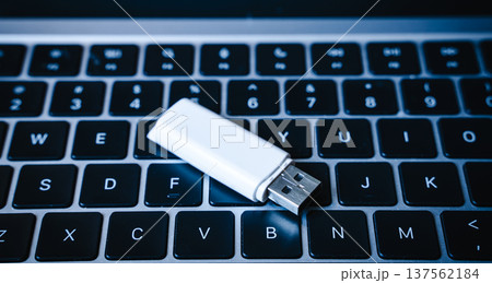 USB flash drive lying on a laptop keyboard as a concept of cyber security and digital data protection 137562184