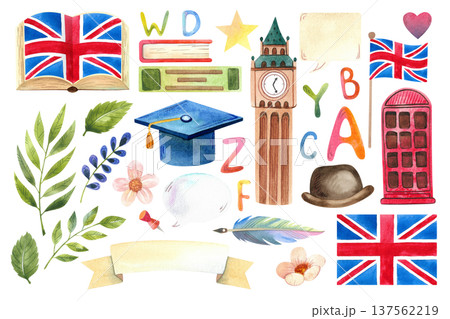 Hand drawn watercolor elements featuring British symbols, a clock tower, and the alphabet. A set of illustrations for English Language Day. Hand drawn watercolor elements featuring British symbols, a clock tower, and the alphabet. A set of illustrations for English Language Day. 137562219