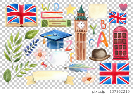 Hand drawn watercolor elements featuring British symbols, a clock tower, and the alphabet. A set of illustrations for English Language Day. 137562219