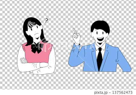 悩む女性と笑顔で解説する男性のイラスト(学生・ビジネスマン) Q&Aと解決 手書き素材 悩む女性と笑顔で解説する男性のイラスト(学生・ビジネスマン) Q&Aと解決 手書き素材 137562473