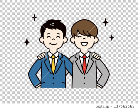 楽しそうに肩を組む、スーツを着た若いビジネスマン・男性社員・同僚の上半身ベクターイラスト素材 楽しそうに肩を組む、スーツを着た若いビジネスマン・男性社員・同僚の上半身ベクターイラスト素材 137562565