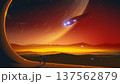 Scifi landscape of a couple observing a flying spaceship and glowing alien city colony. 137562879
