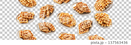 Multiple plates of golden waffles with creamy topping isolated on white background, concept of delicious breakfast food 137563436