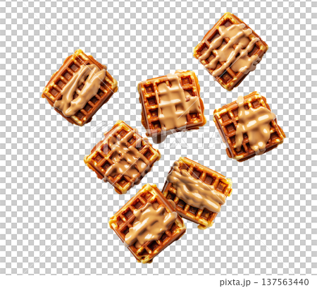 Golden brown square waffles drizzled with caramel sauce, in flat lay style isolated on white background, concept of sweet food 137563440