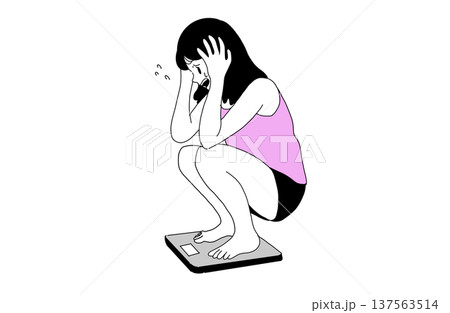 体重計に乗ってショックを受ける女性のイラスト　ダイエットと悩み　手書き素材 137563514