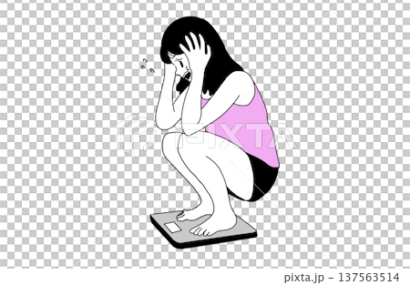 体重計に乗ってショックを受ける女性のイラスト　ダイエットと悩み　手書き素材 137563514