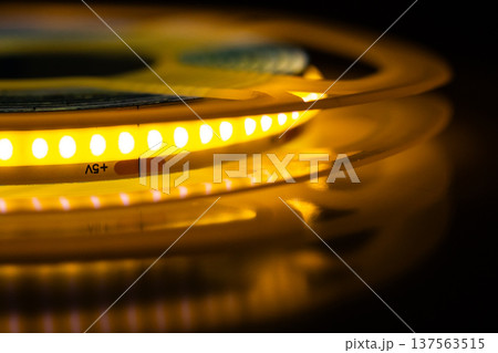 Detailed Macro Photograph Emphasizing Luminous Gradient And Textured Surface Of Coiled LED Lighting 137563515