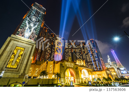 Beautiful night view of Studio City is a hotel casino resort on the Cotai Strip in Macau, China, a Hollywood studio-themed leisure resort. 137563606