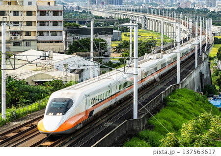 Overlooking view of the Taiwan High Speed Rail trains passing Changhua in Taiwan. It is the only high-speed railway in Taiwan. Overlooking view of the Taiwan High Speed Rail trains passing Changhua in Taiwan. It is the only high-speed railway in Taiwan. 137563617