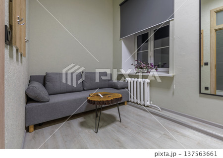 Modern Budget Hostel Room with Grey Sofa and Live Edge Wood Table 137563661