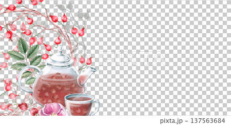 A rectangular frame with curved rosehip branches and a teapot with a cup. Isolated watercolor illustration for designs related to natural ingredients, health, cosmetology, and herbal medicine. 137563684